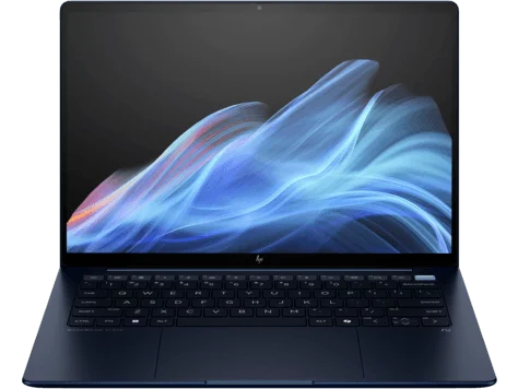 Notebook HP EliteBook aberto, com acabamento escuro e tela em destaque.