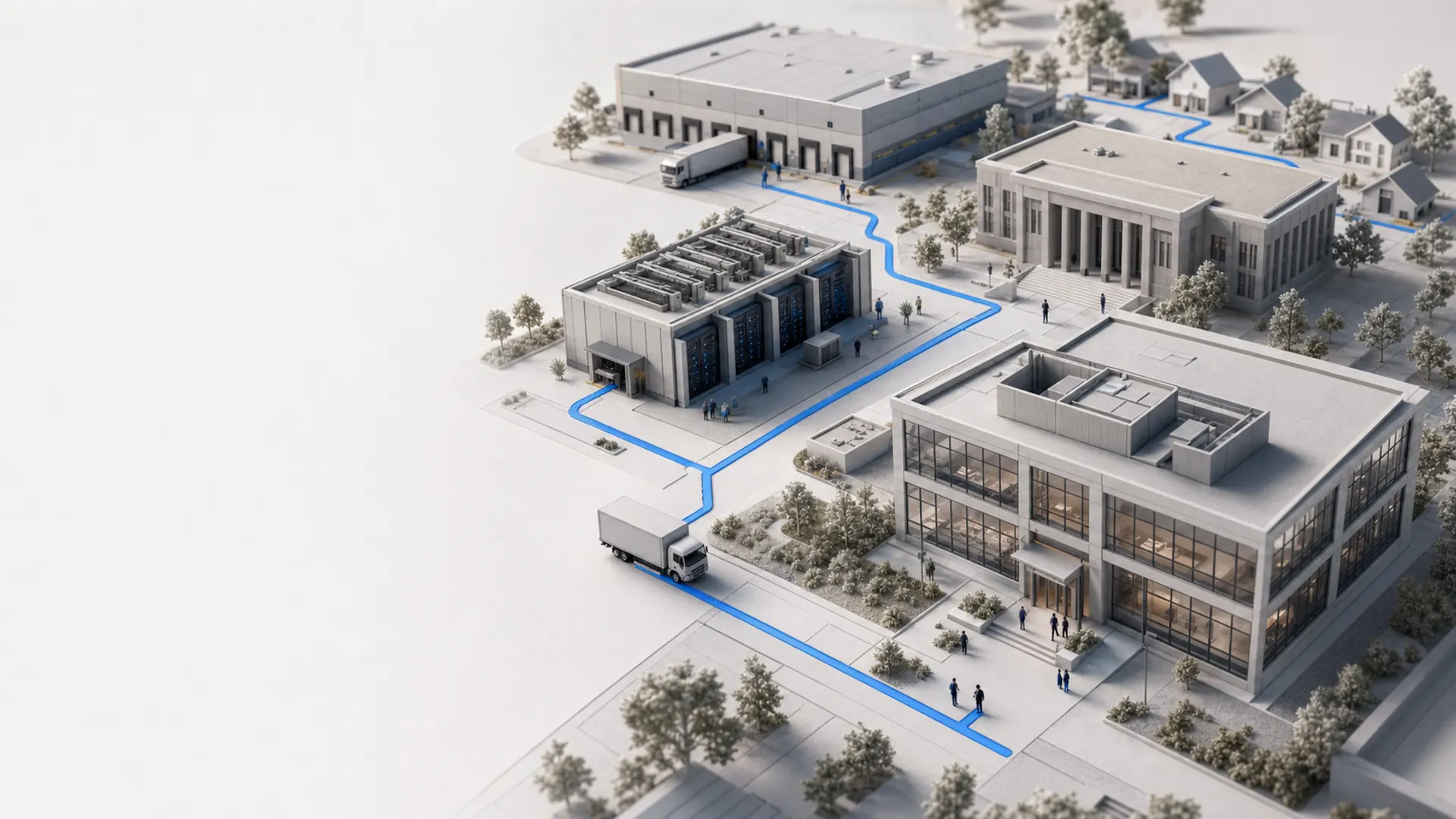 Visão geral de um parque corporativo de tecnologia conectado por uma rota azul