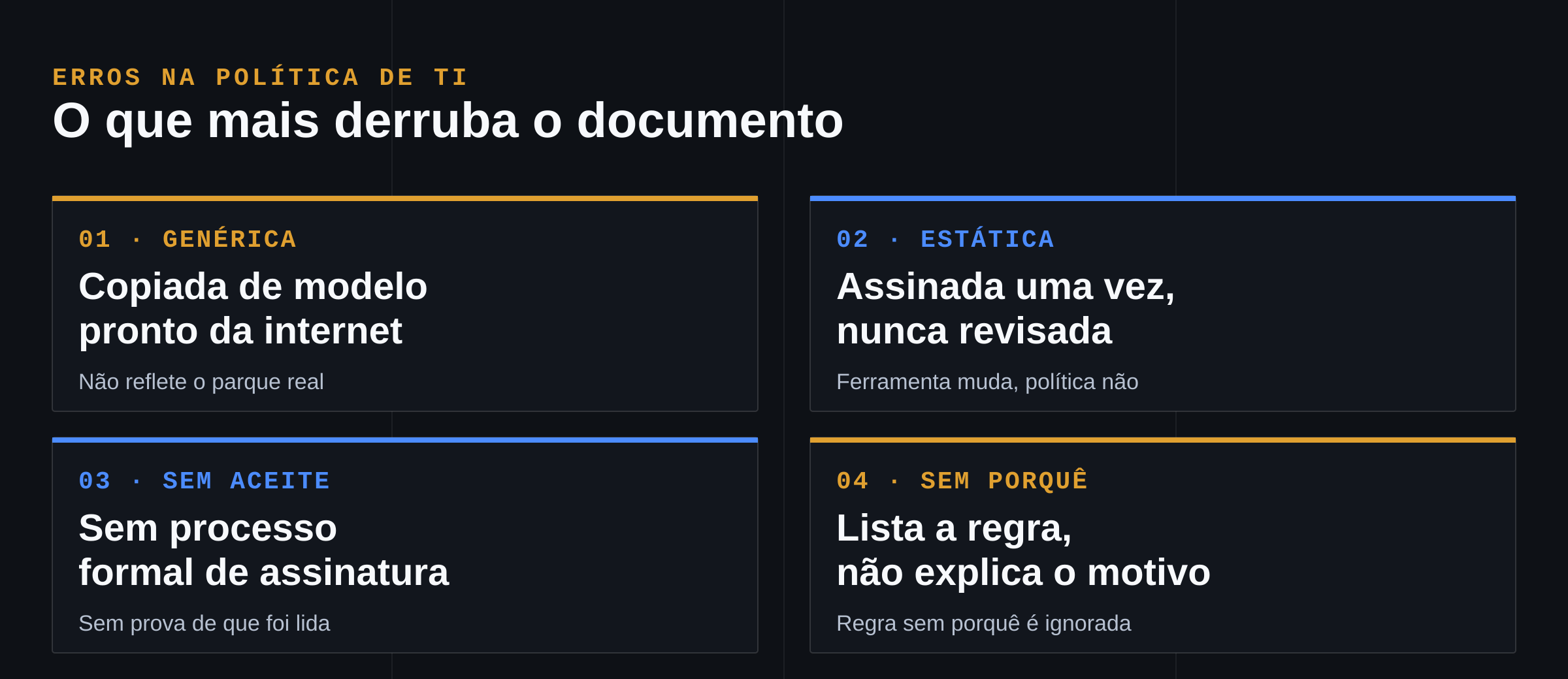 4 erros comuns em política de uso de TI: documento genérico copiado da internet, nunca revisado, sem processo de aceite formal, sem explicar o porquê da regra