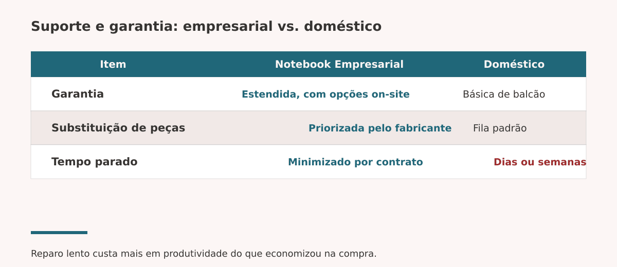 Diferença de suporte e garantia entre notebook empresarial e doméstico